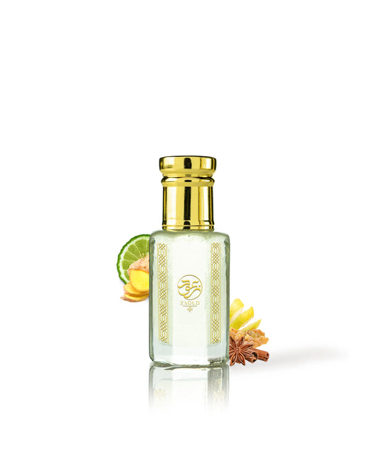 Perfume oil bottle with decorative elements like ginger and citrus on a white background