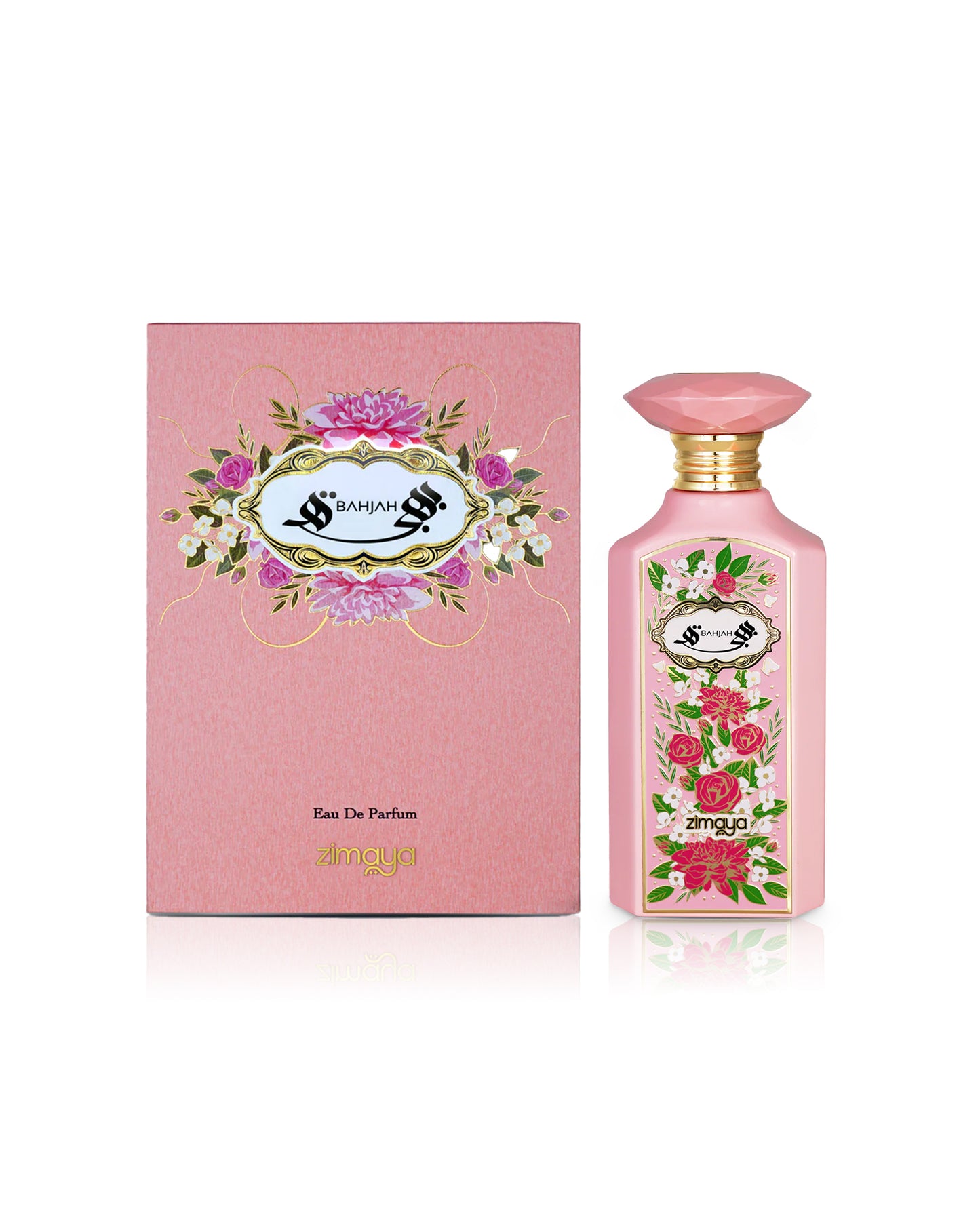 zimaya bahja perfume bottle shows beside its box against white background