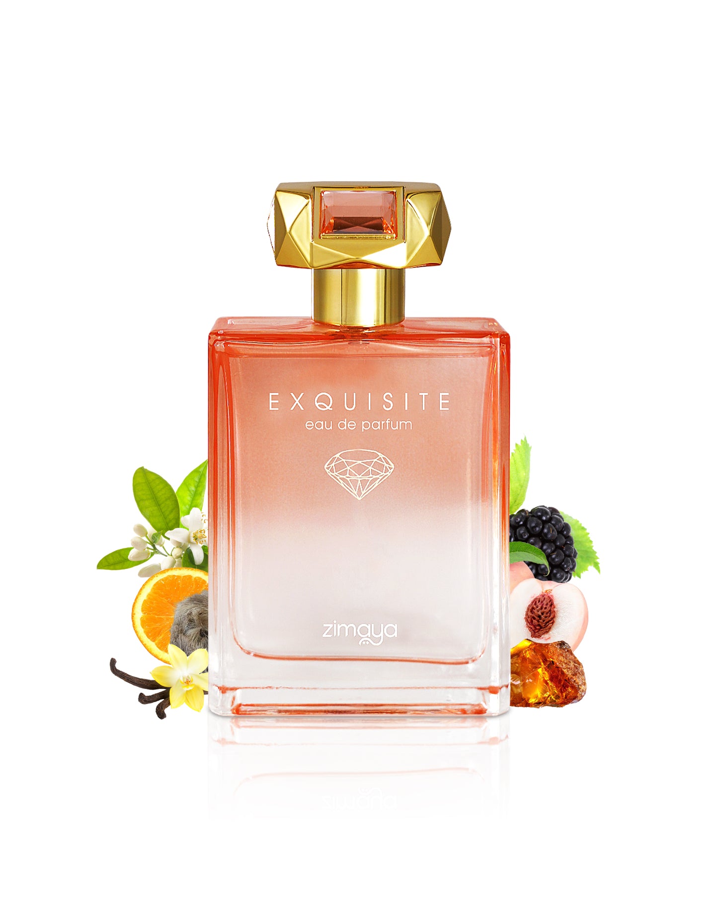 Exquisite by zimaya perfume bottle surrounded with ingredients like vanilla and peach with many others shows from behind the bottle against white background