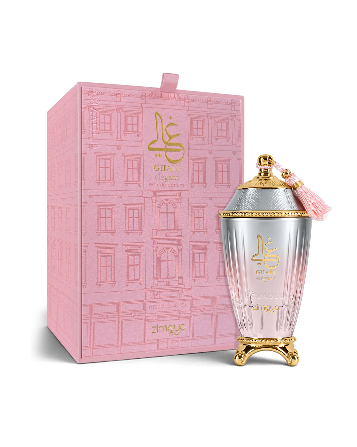 zimaya ghali elegant perfume bottle shows beside its packaging against white background