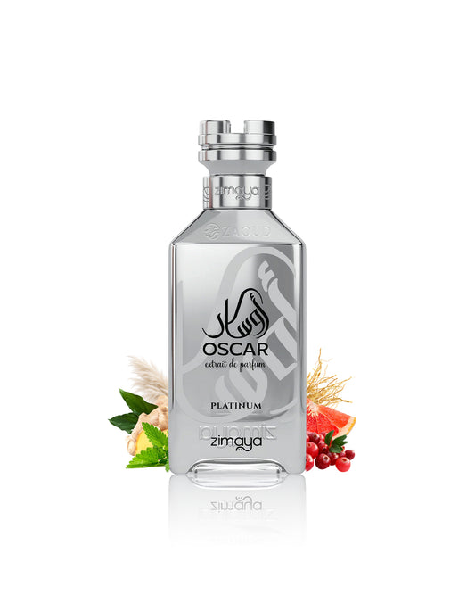 Zimaya Oscar Platinum perfume bottle surrounded by fragrance notes like pepper and basil shows against white background