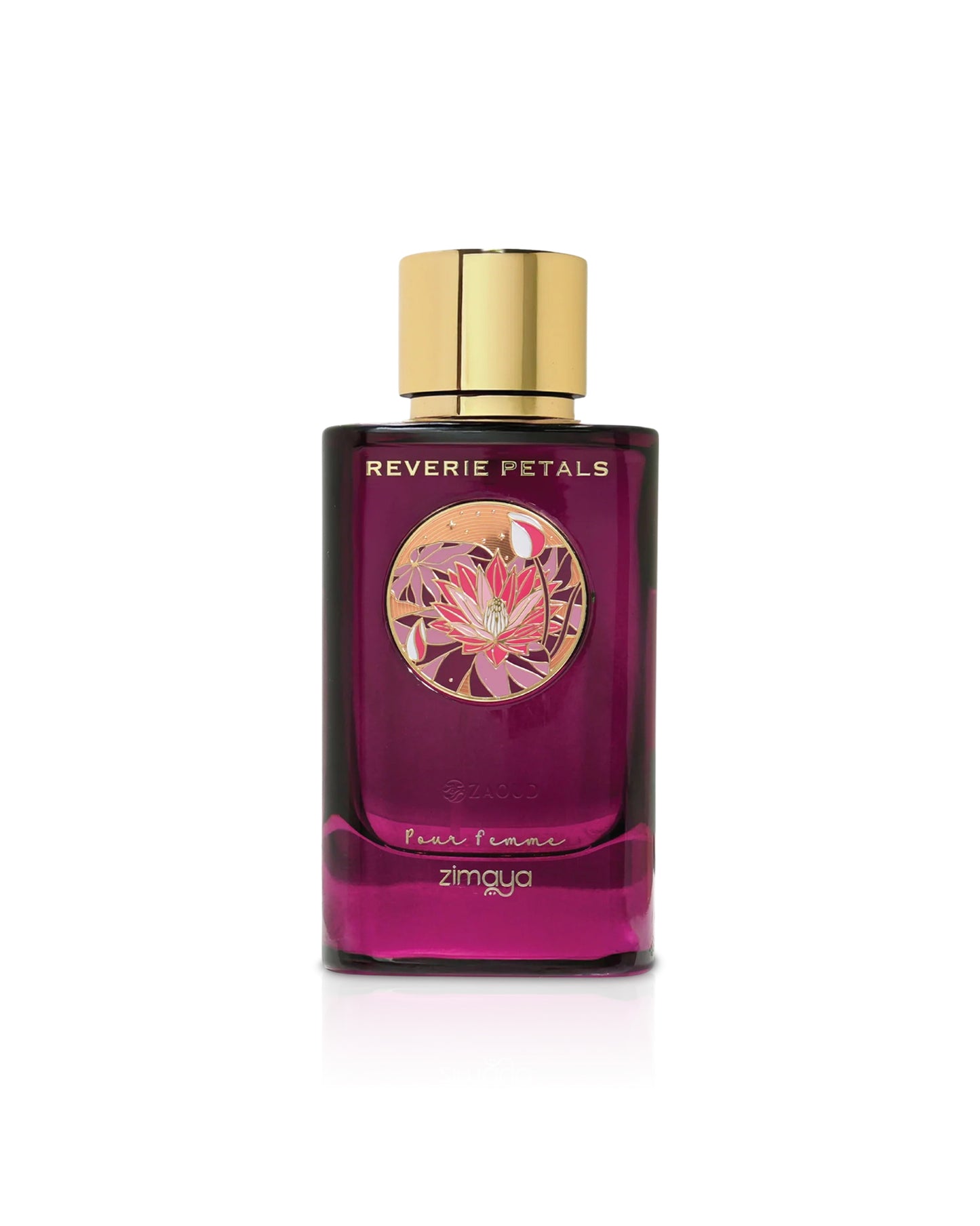 zimaya Perfume bottle labeled 'Reverie Petals' with a gold cap on a white background