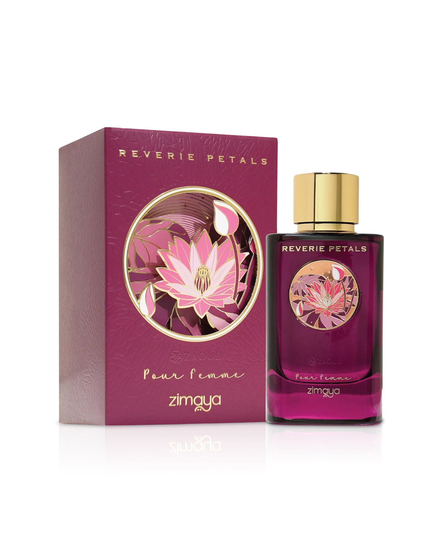 Zimaya Reverie Petals perfume bottle and packaging on a white background