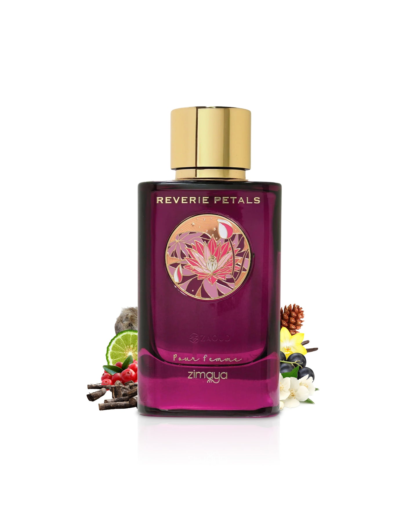 zimaya reverie petals Perfume bottle with gold cap and colorful label surrounded by jasmine and vanilla on a white background