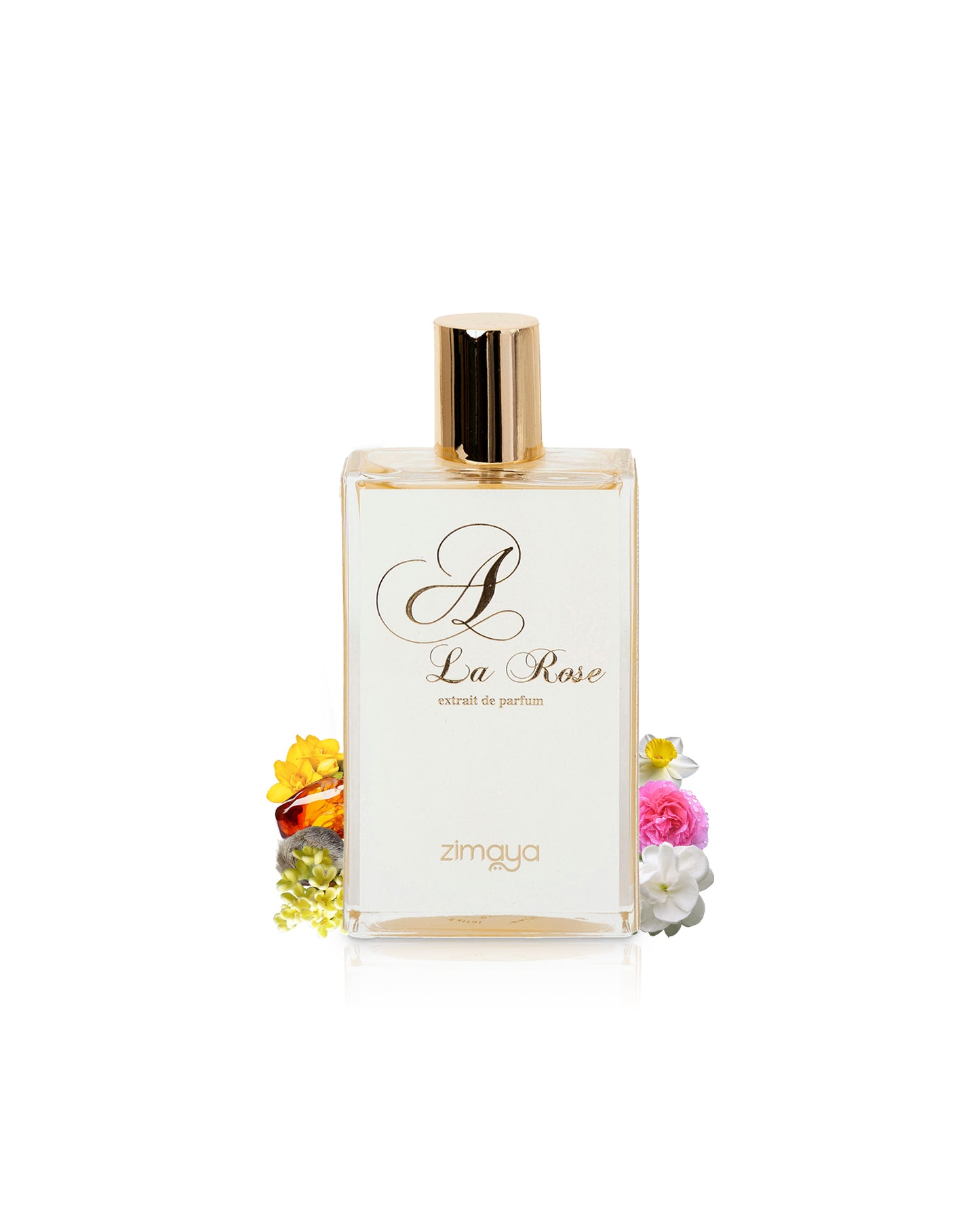 zimaya a la rose extrait de arfum bottle surrounded with its ingredients like rose and osmanthus shows fro behind the bottle against white background