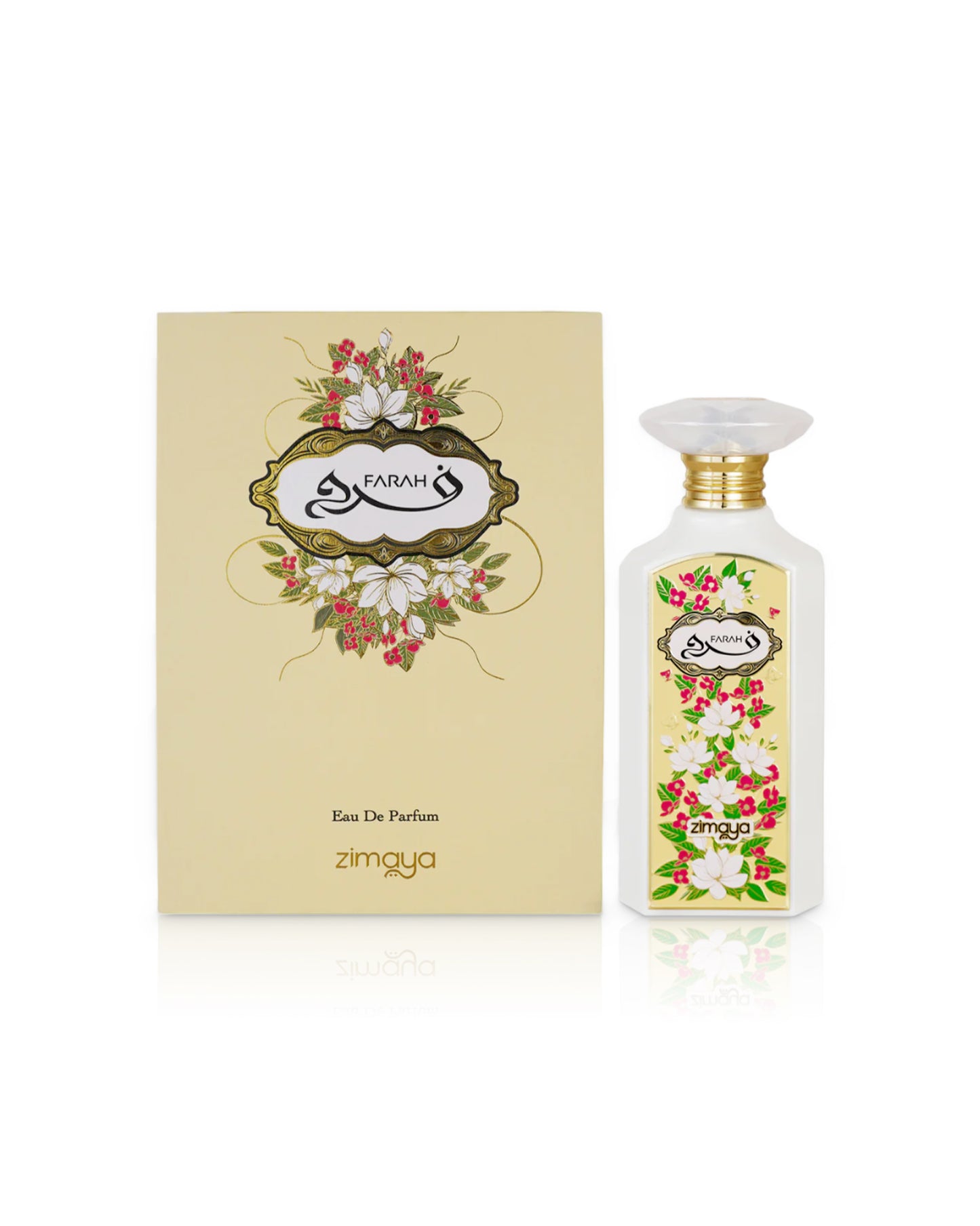 zimaya farah erfume bottle shows beside its box against white background