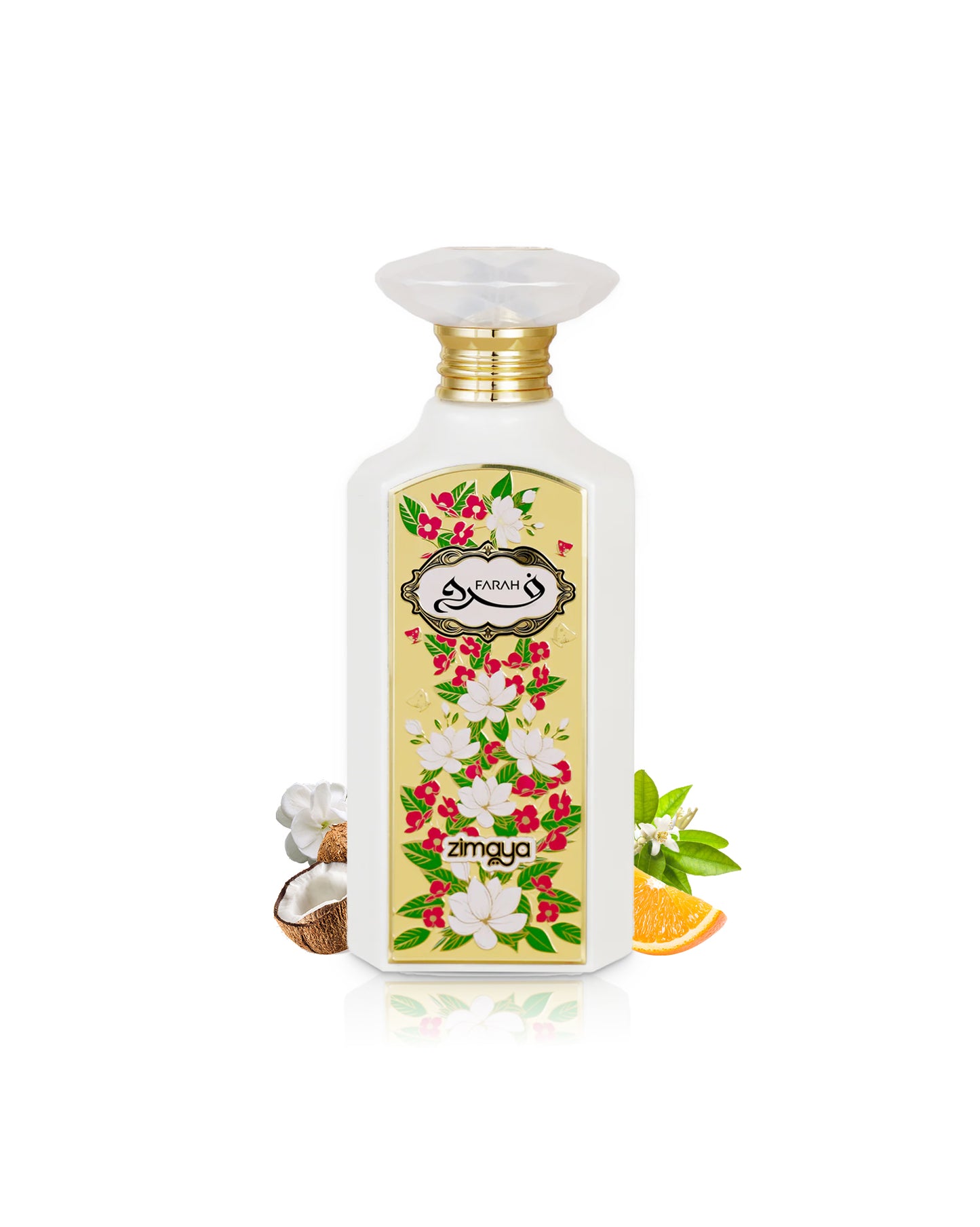 zimaya farah erfume bottle surrounded with its ingredients like coconut and jasmine shows from behind the bottle against white background