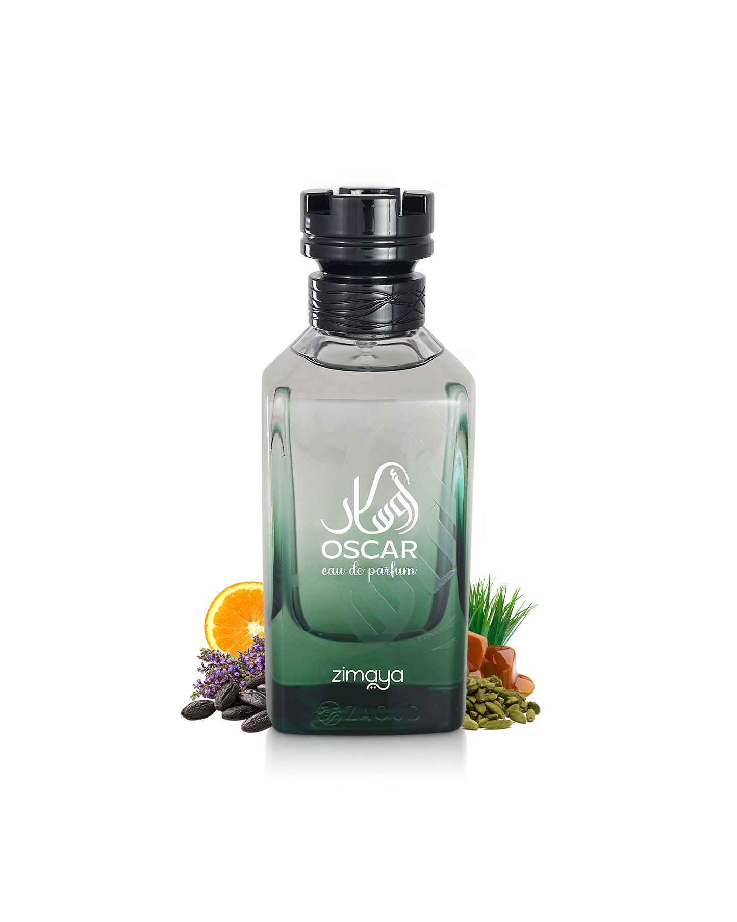 zimaya oscar perfume bottle surrounded with fragrance notes like tonka and cardamom shows against white background