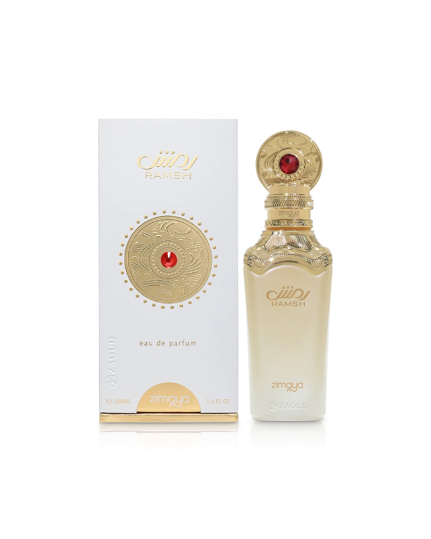 zimaya ramsh diva perfume bottle shows beside its box against white background