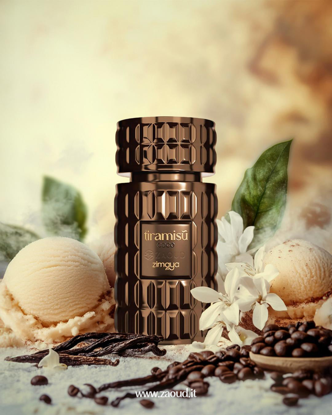 zimaya tiramisu coco perfume bottle photograph beside ice cream balls and caffee beans with vanilla pods