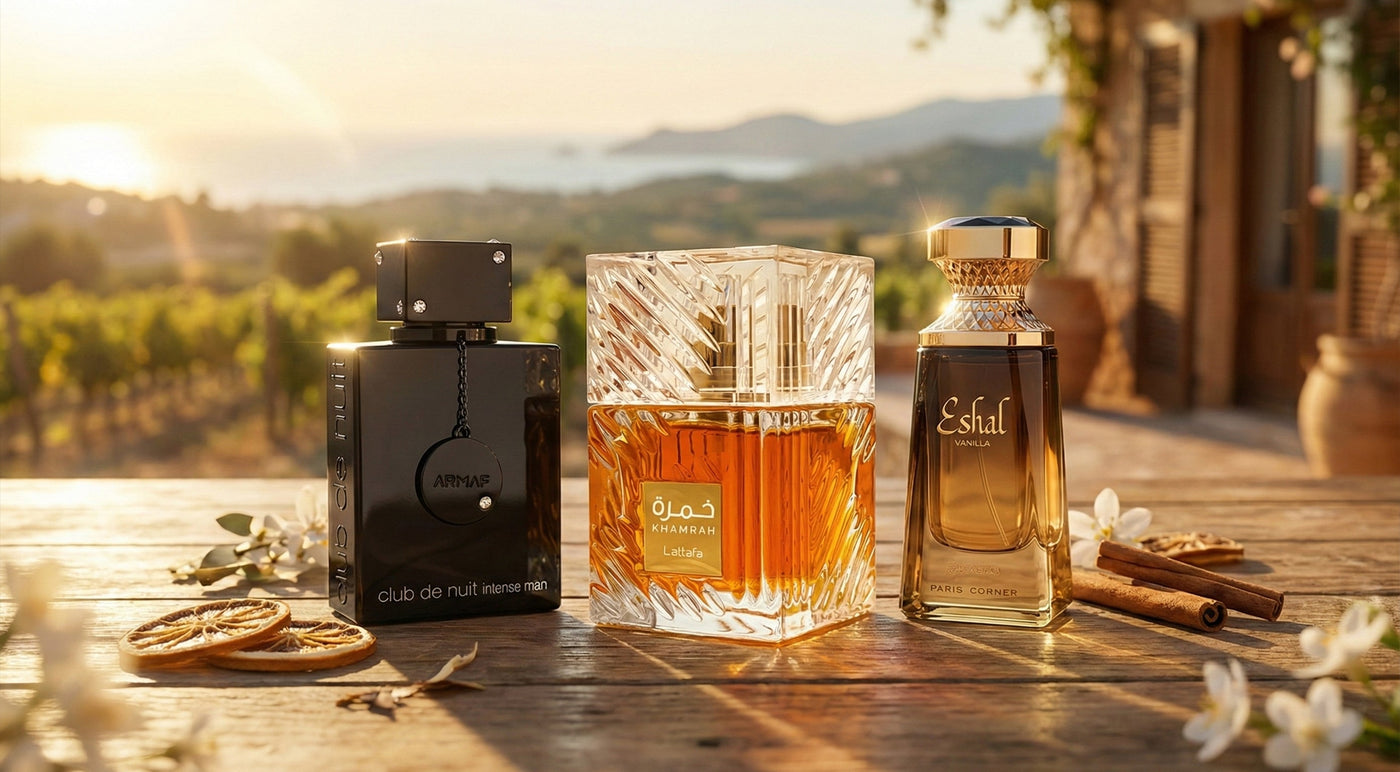 armaf club de nuit intense men beside lattafa khamrah and paris corner eshal vanilla perfume bottle photograph over wooden surface