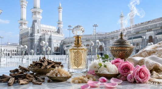 Arabic perfume bottle with oud wood, white musk, roses and burning incense outside the Grand Mosque in Mecca.