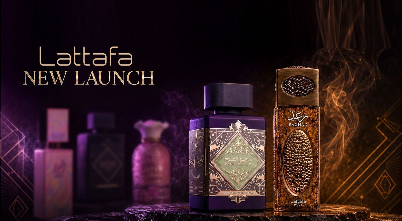 lattafa new launch badee al oud amethyst fusion and raghad perfume bottles photograph against dark background
