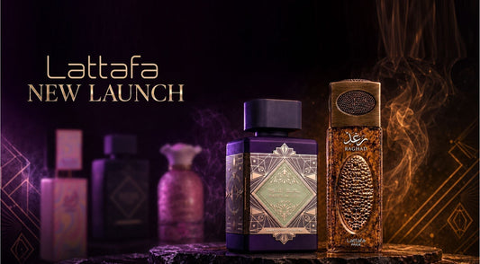 lattafa new launch badee al oud amethyst fusion and raghad perfume bottles photograph against dark background
