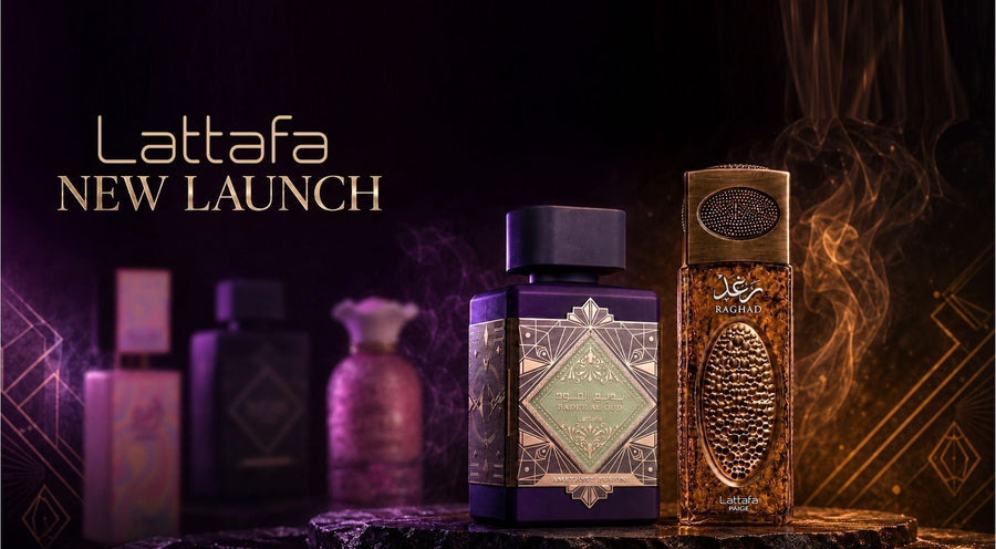 lattafa new launch badee al oud amethyst fusion and raghad perfume bottles photograph against dark background