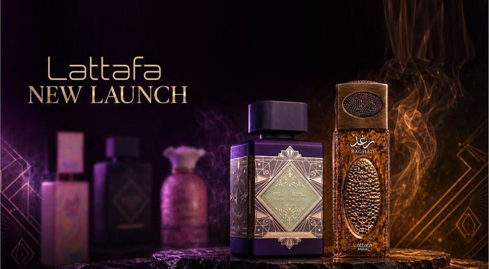 lattafa new launch badee al oud amethyst fusion and raghad perfume bottles photograph against dark background