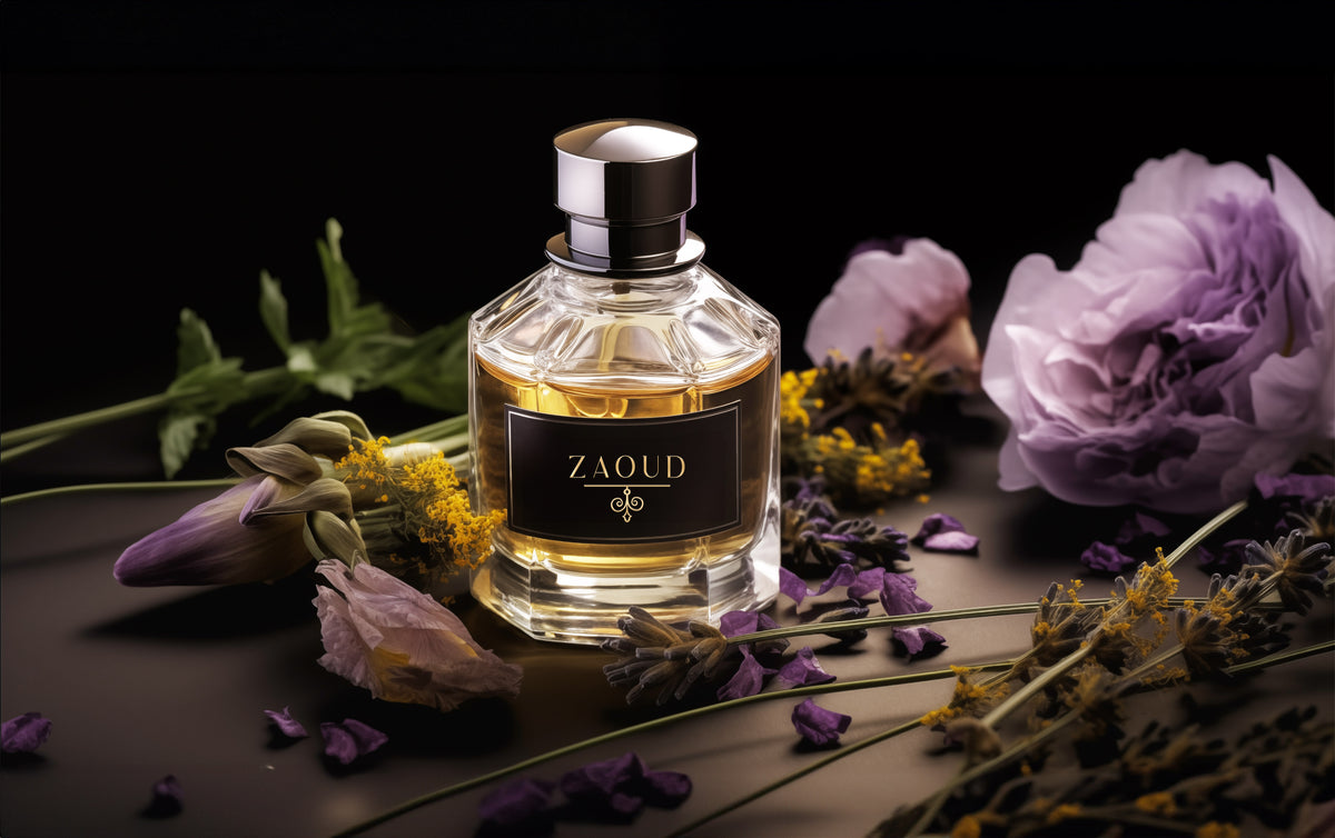 Aromatic perfumes bottle besides lavender and iris.
