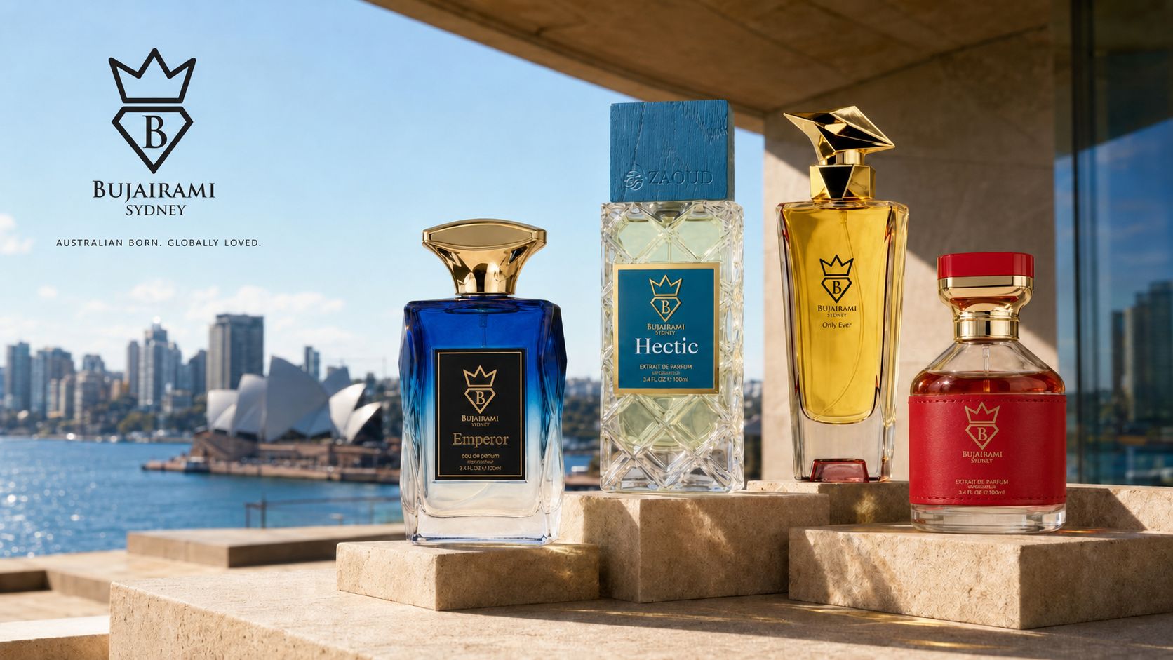 Bujairami Sydney perfume collection featuring Hectic, Emperor and Only Ever bottles with ZAOUD branding overlooking Sydney Harbour.