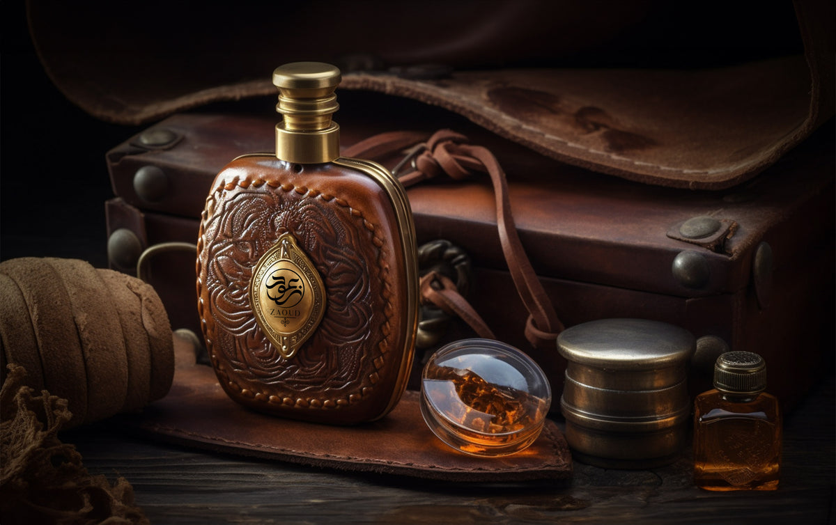 Leather Perfumes bottle surrounded by brown leather goods.