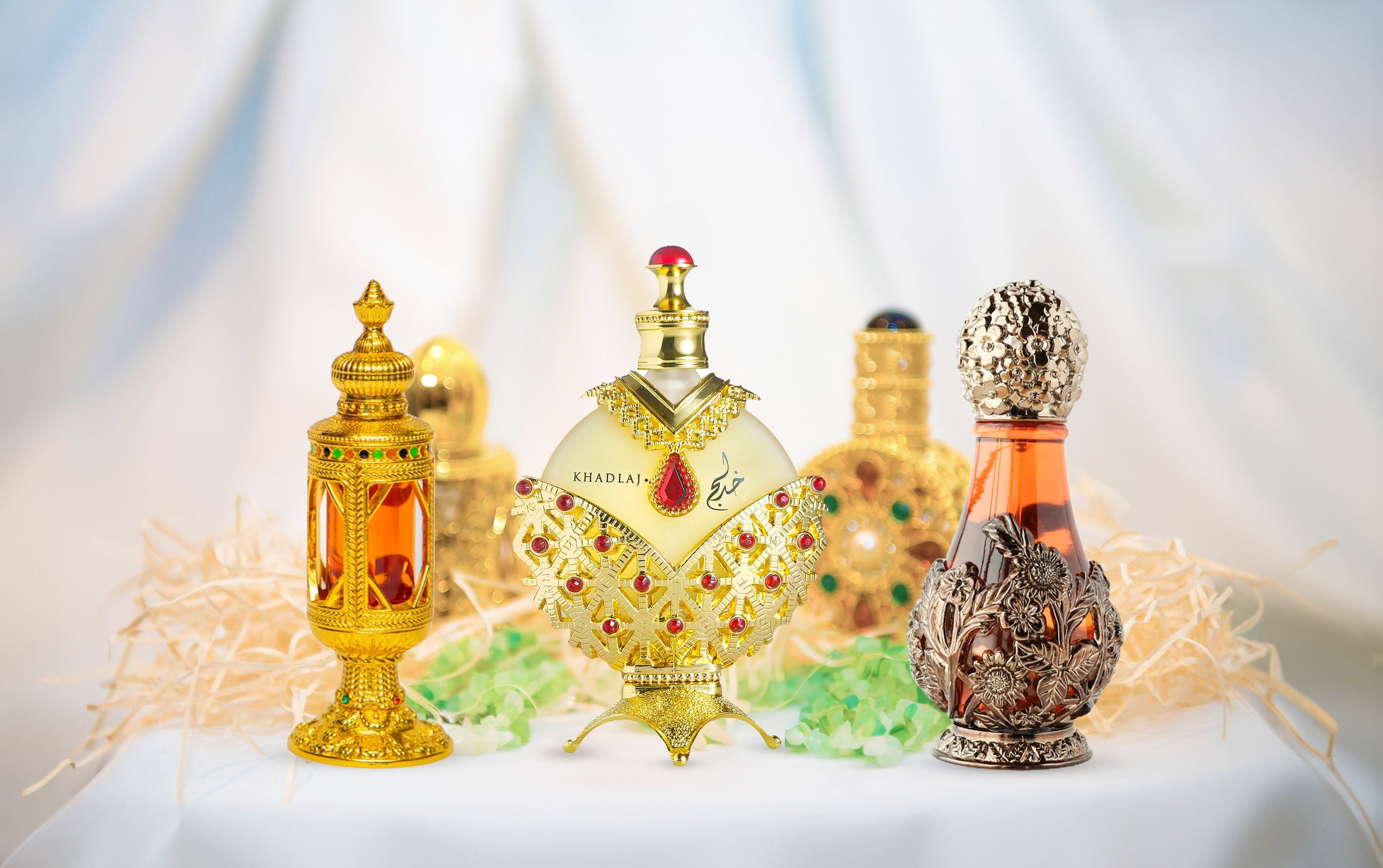 Luxury Attar Collection bottles of hareem al sultan gold, arjowaan, jinan.