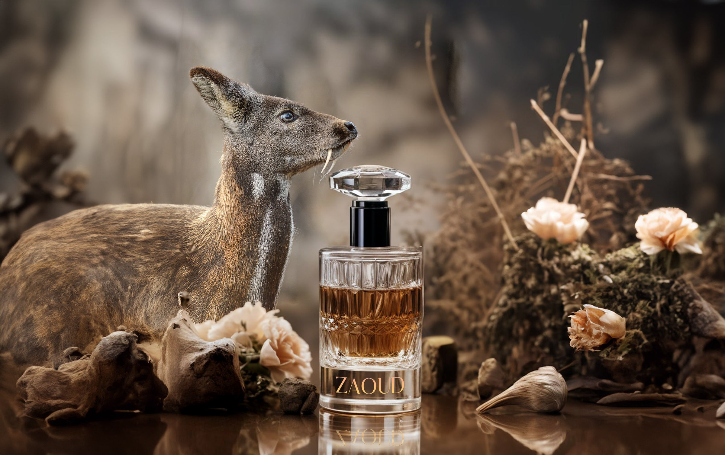 Musk Perfumes bottle behind a siberian musk deer.