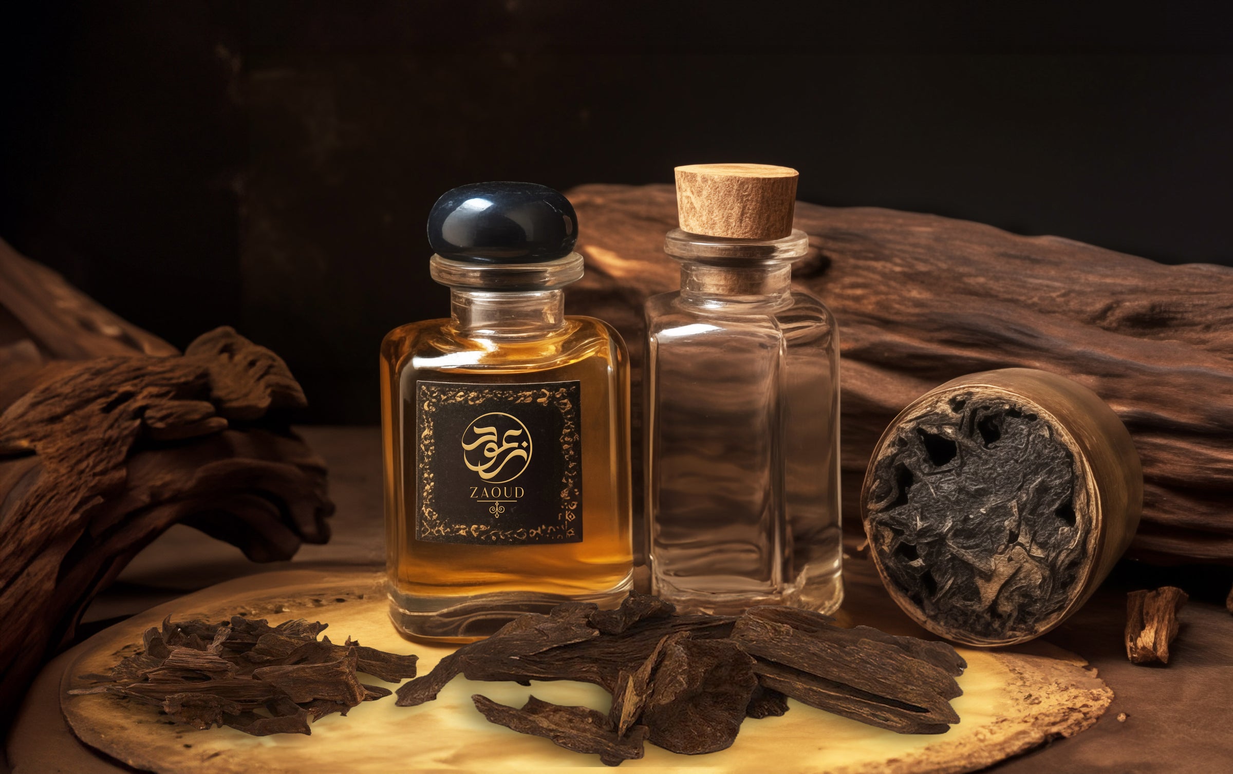 Oud perfume bottle surrounded bycambodian oud chips with dark background