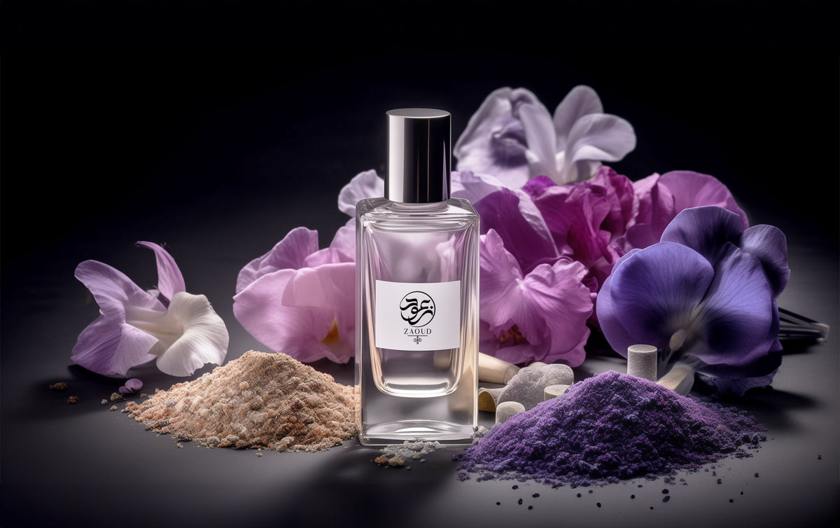 Powdery Perfumes bottle besides colourful powders and flowers like iris and rose.