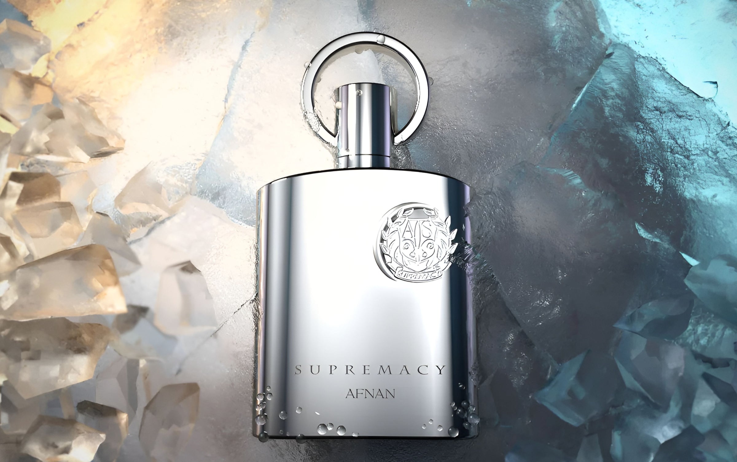 afnan supremacy perfume bottle suroounding with ice.