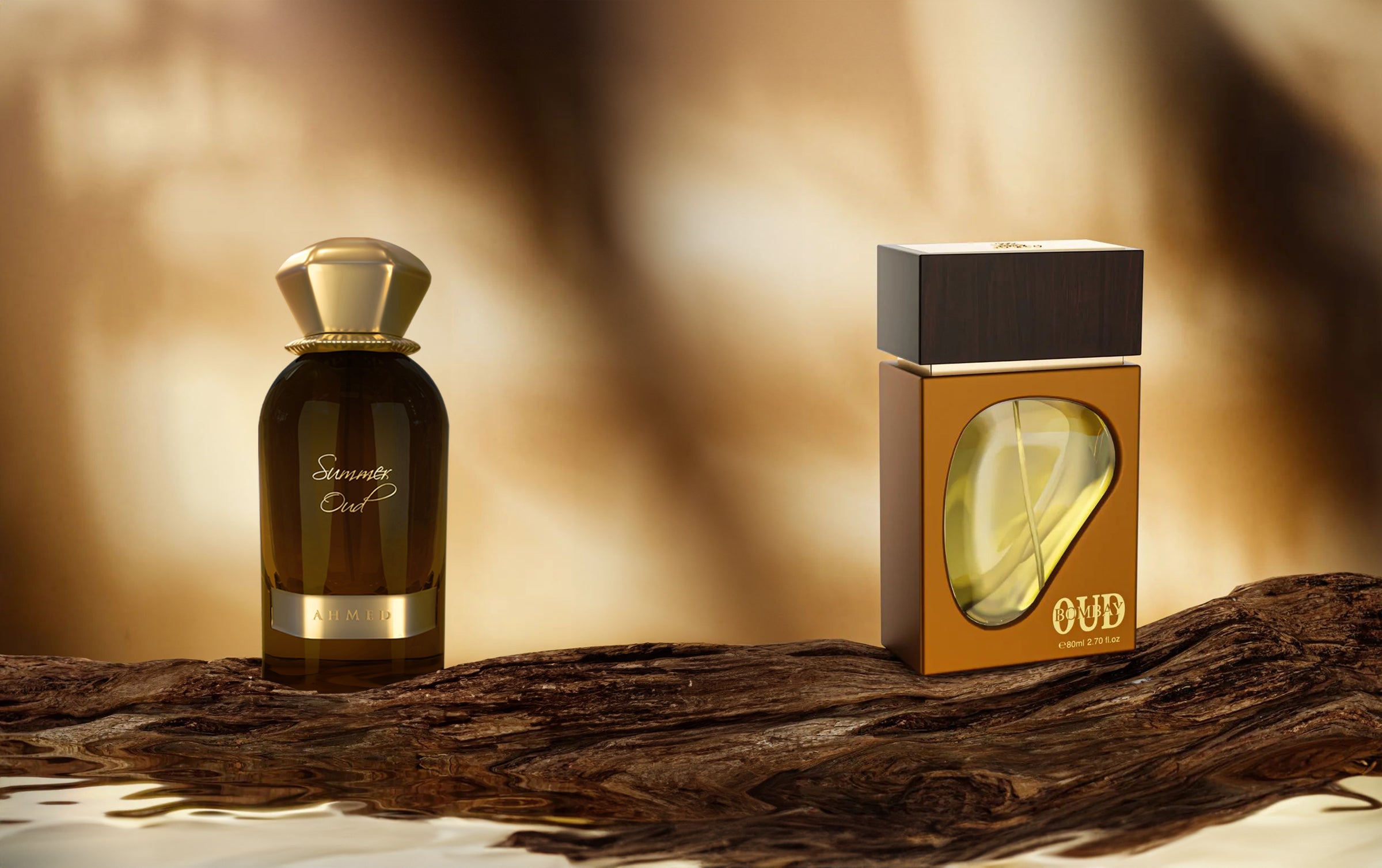 ahmed al maghribi summer oud bombay oud perfume bottles over woodlog