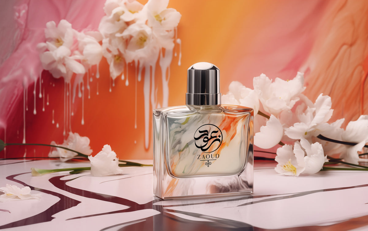 aldehydic perfumes bottle behind waxy texture with orchid.