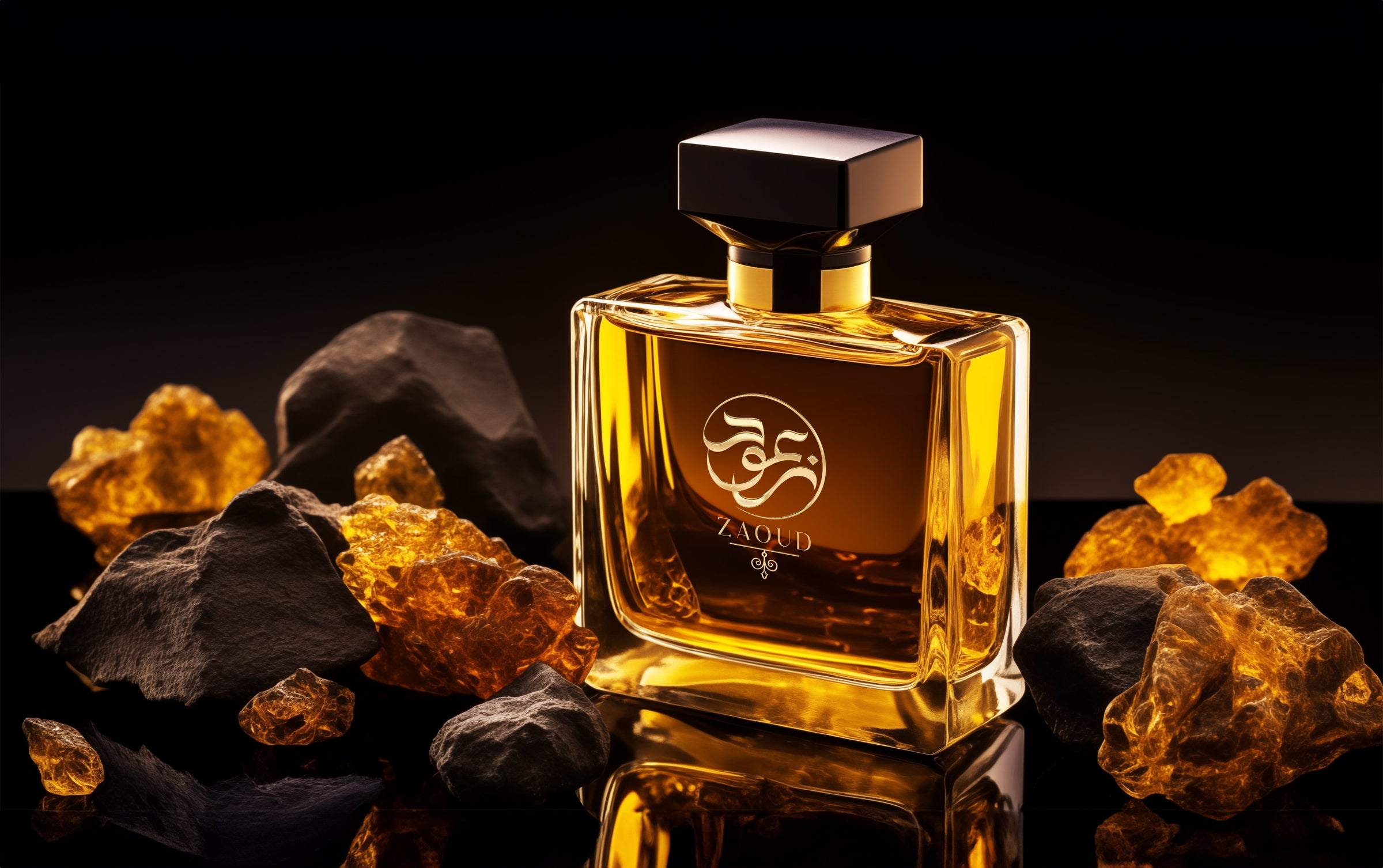 amber aromatic perfume bottle surrounded by amber rocks over reflected surface.