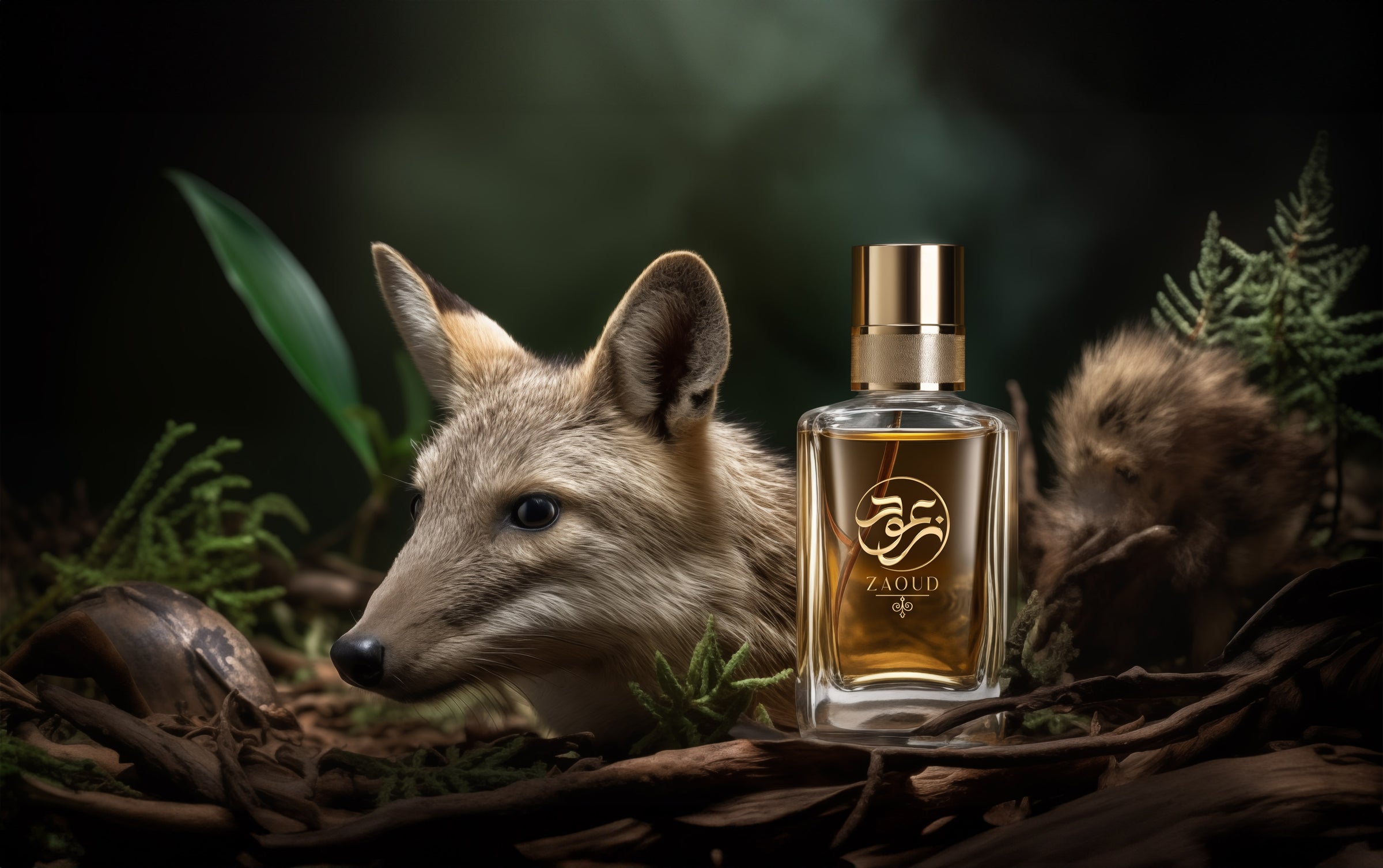 animalic perfume bottle showcase inside jungle behind a fox.