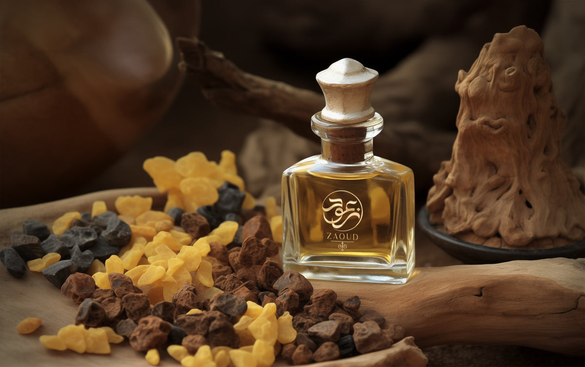 balsamic perfume bottle surrounded by egyptian yellow myrrh incense.