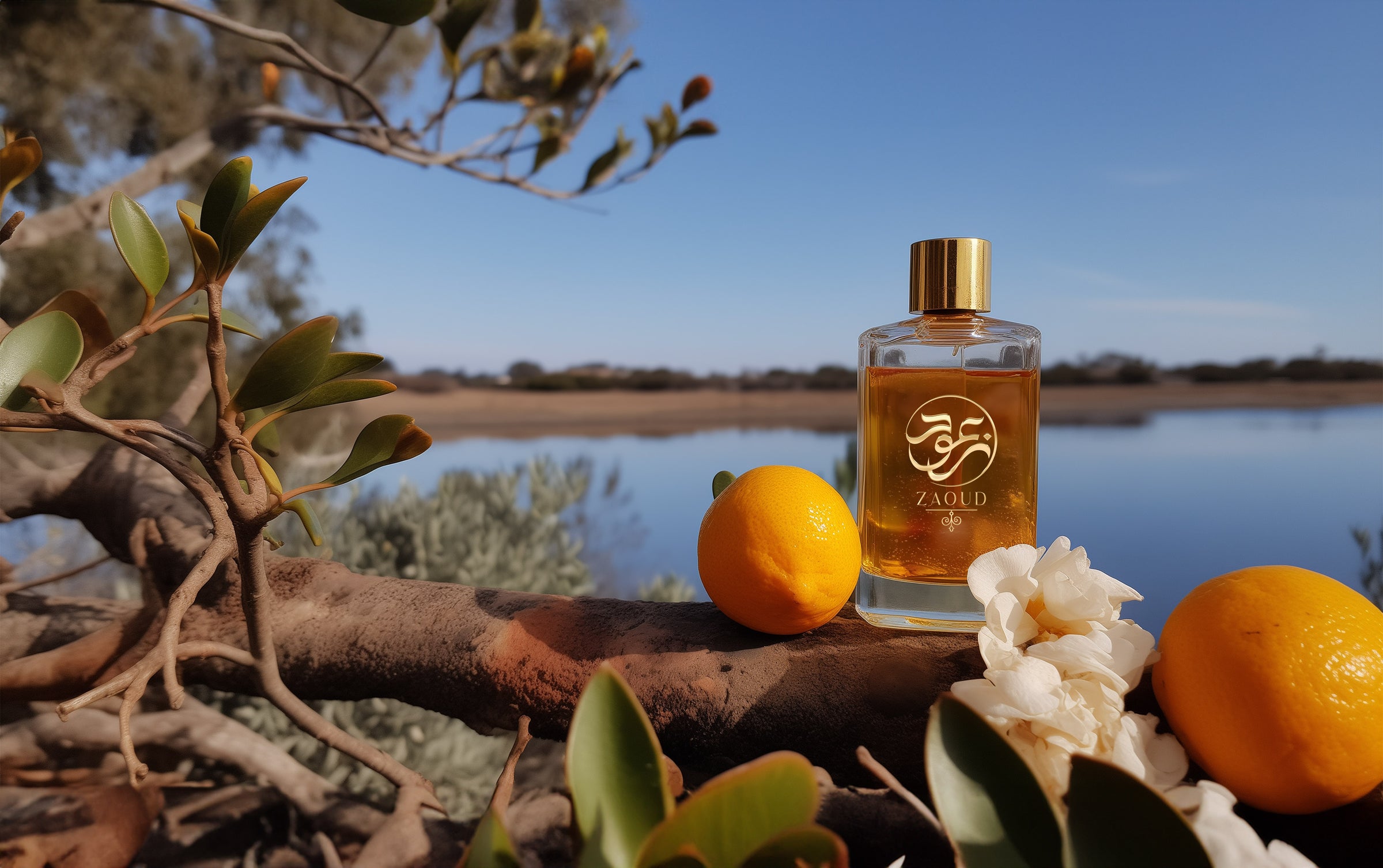 chypre perfume bottle beside grapefruits patchouli with lake view at background.
