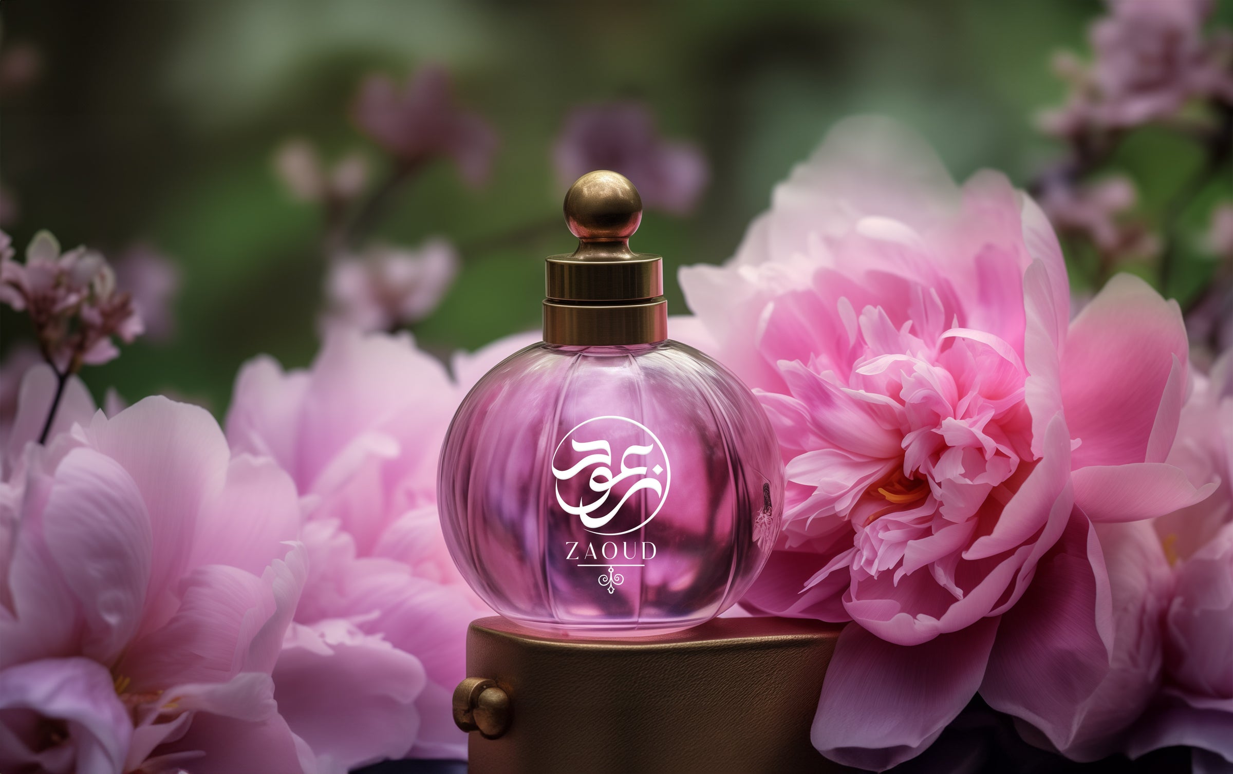 floral perfume bottle surrounded by pink peony flowers.