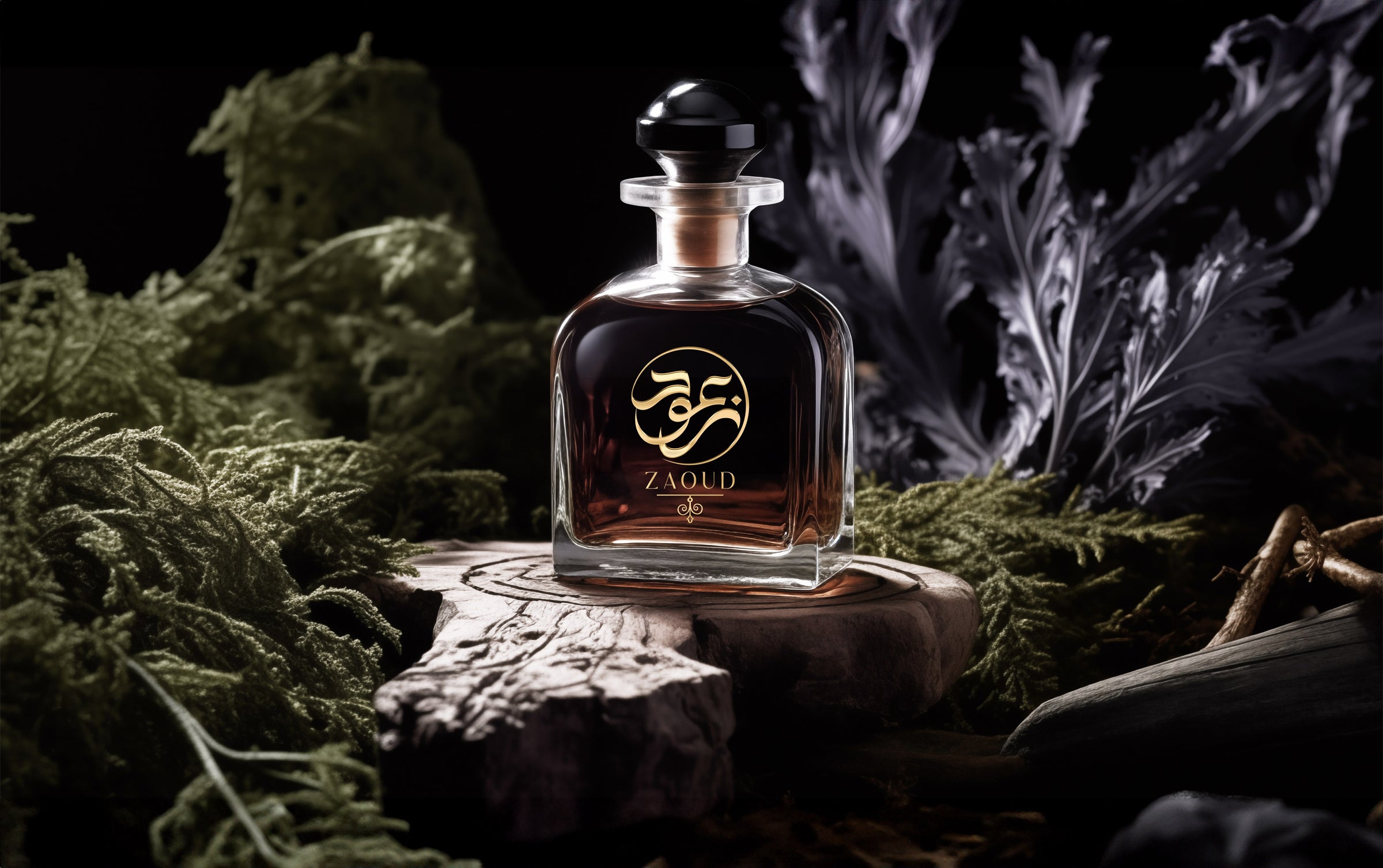 fougere perfumes bottle over a wood deck besides lavender and oakmoss.