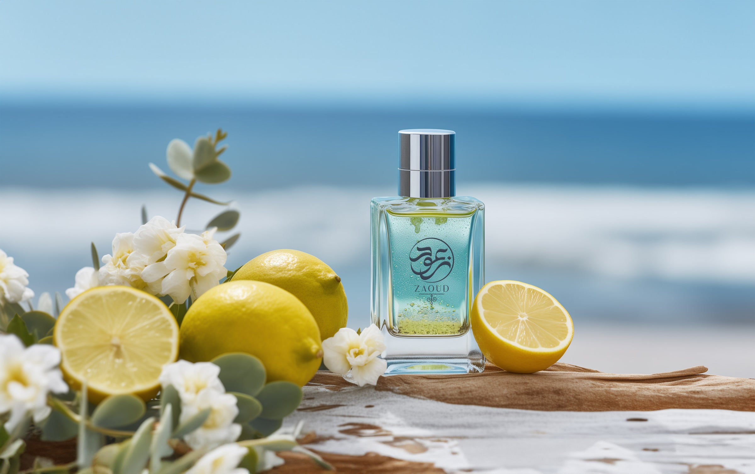fresh perfume bottle infront of blue sea beach surrounded by lemon and sea salt.
