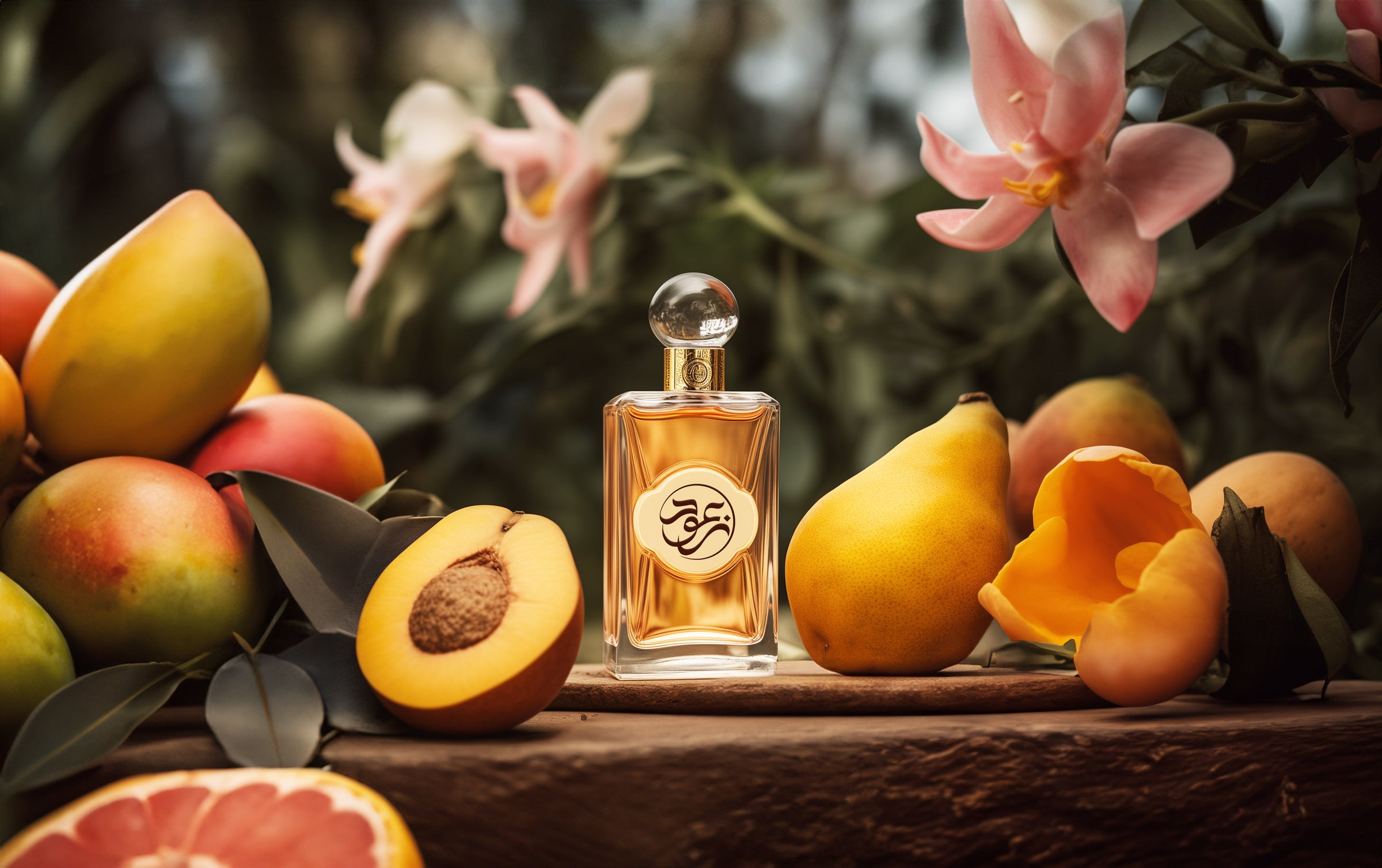 fruity perfume bottle surrounding by peach mango with orange blossom at background.