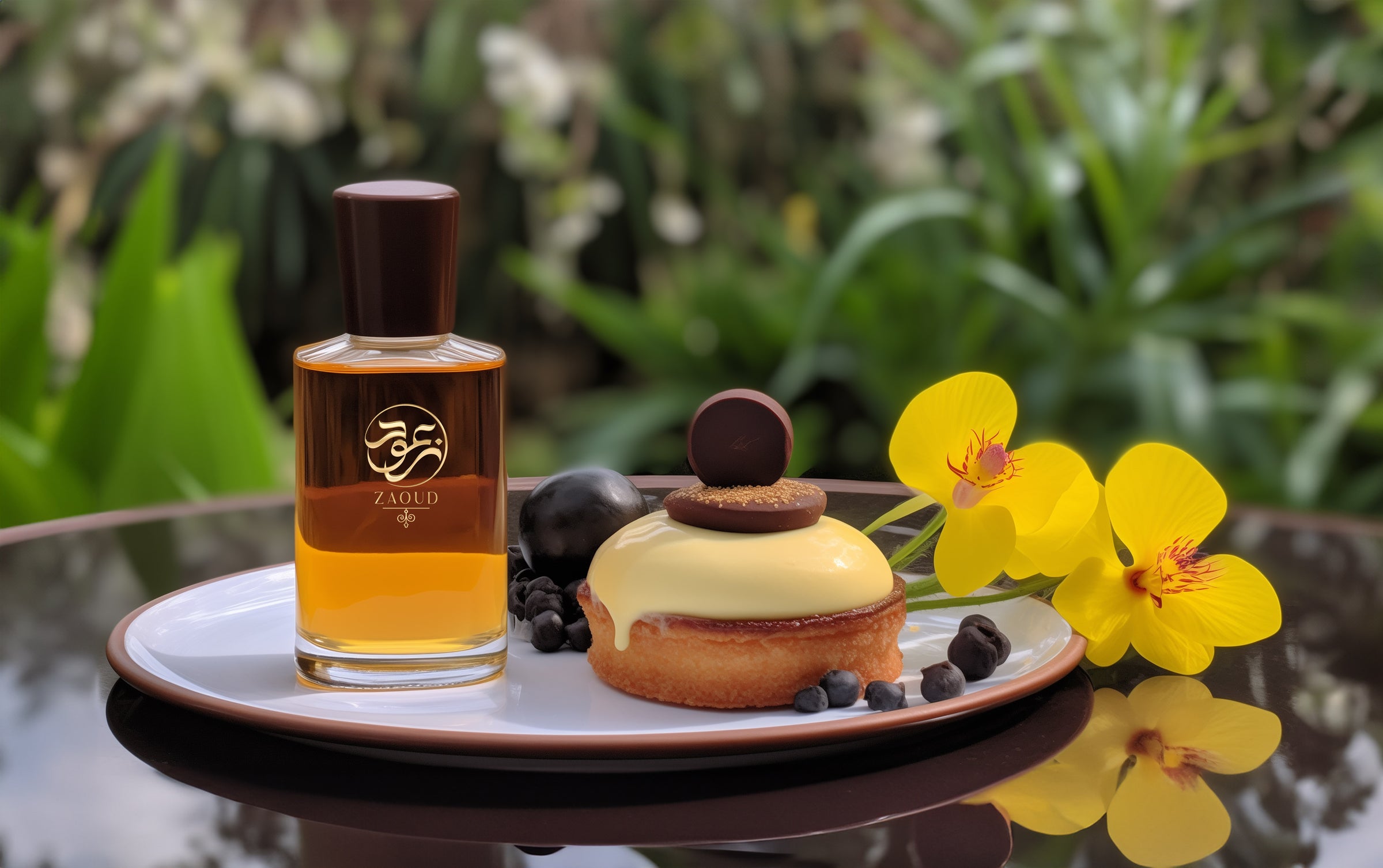 gourmand perfume bottle showcase over tray beside creamy vanilla cake with yellow flower.