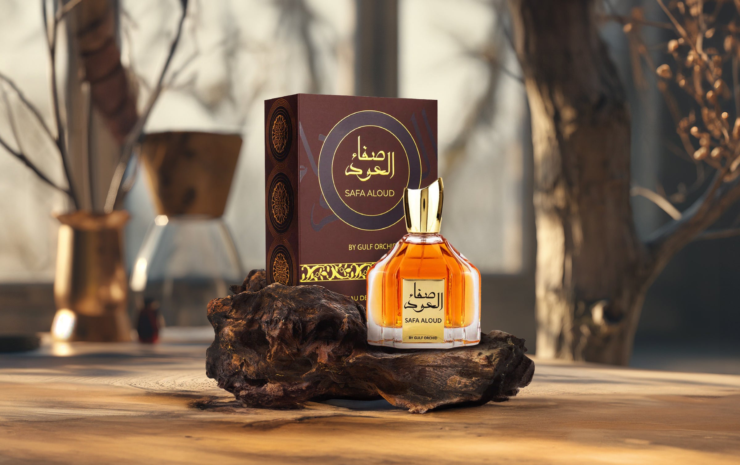 gulf orchid safa al oud perfume bottle against wood log.