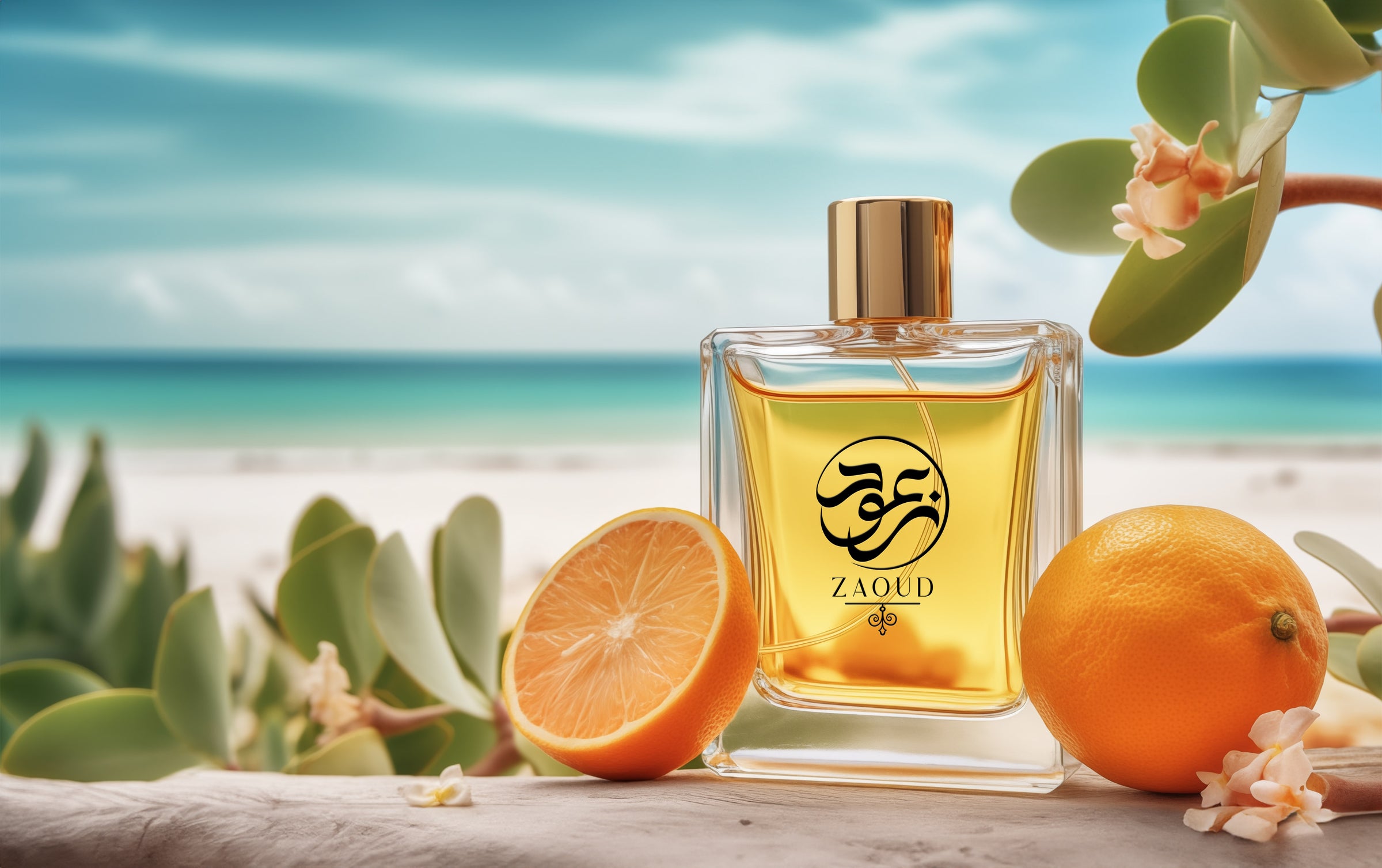 hesperidic perfumes bottle infront a sea beach besides grapefruits