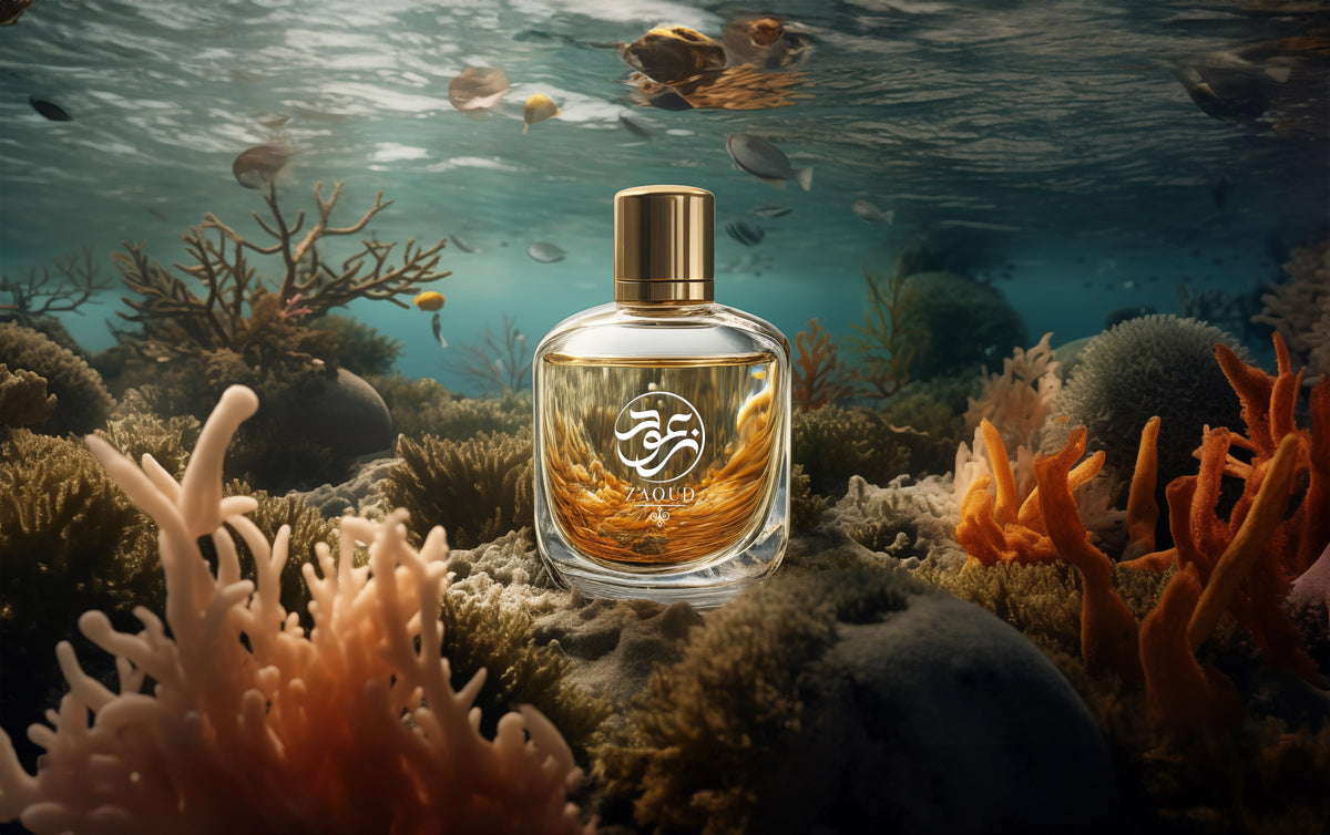 marine perfume bottle under sea water surrounded by seaweed and small fishes.