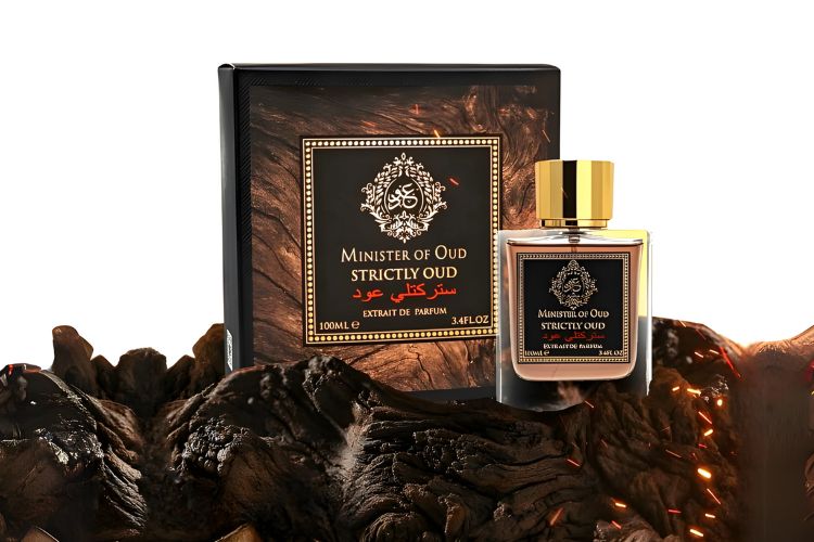 ministry of oud strictly oud perfume bottle over woodlog