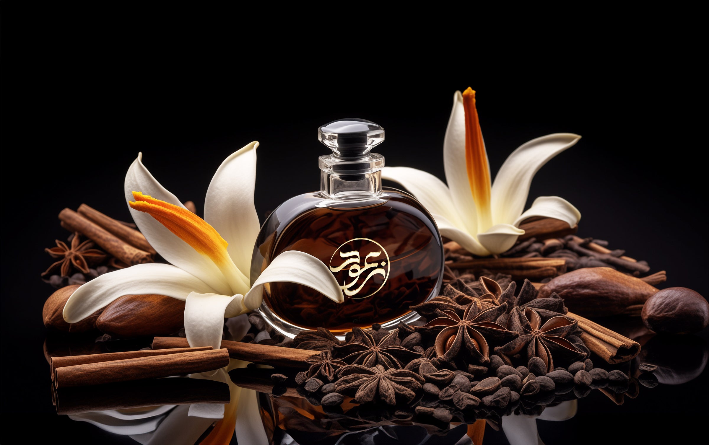 oriental perfume bottle surrounded by spices and madagascar vanilla.