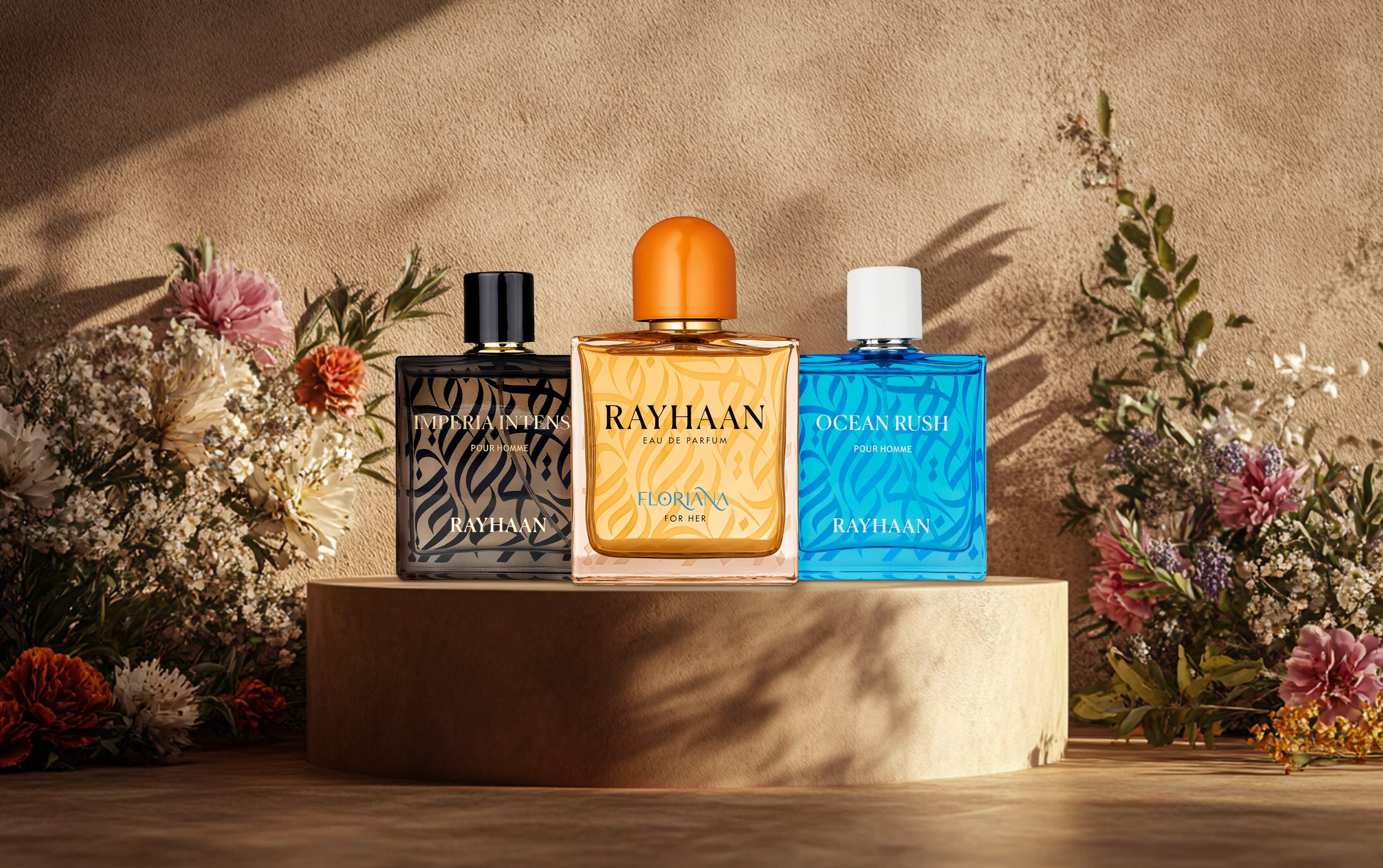 rayhaan perfumes like imperia intense, floriana and ocean rush bottle photograph besides lots colorful flowers against brown wall