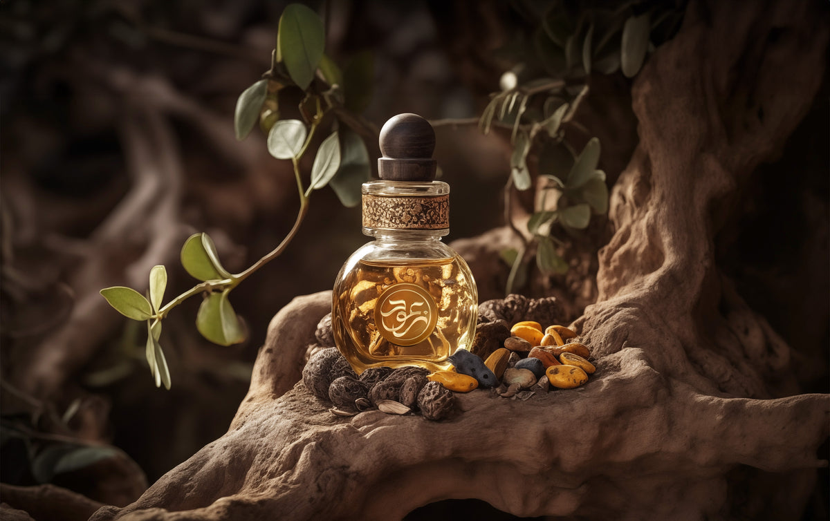 resinous perfume bottle surrounded by frankincense over a oak tree root.