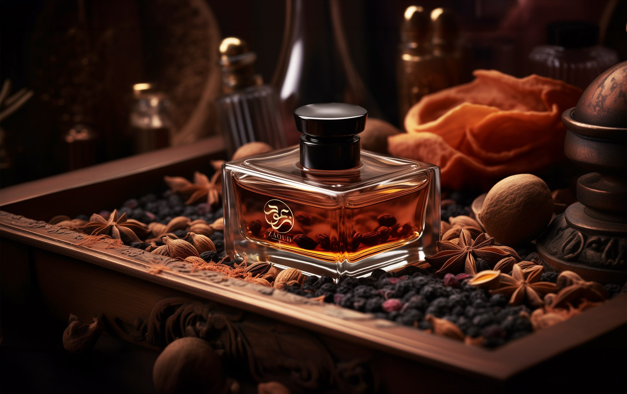 spricy perfume bottle surrounding by indian spices like cardamom clove black peper cinnamon.