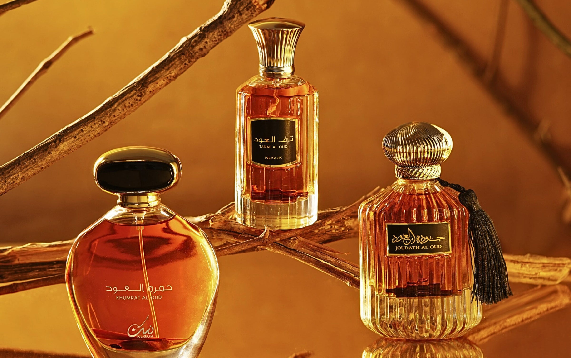taraf al oud and khumrat al oud perfumes bottles by nusuk perfumes.