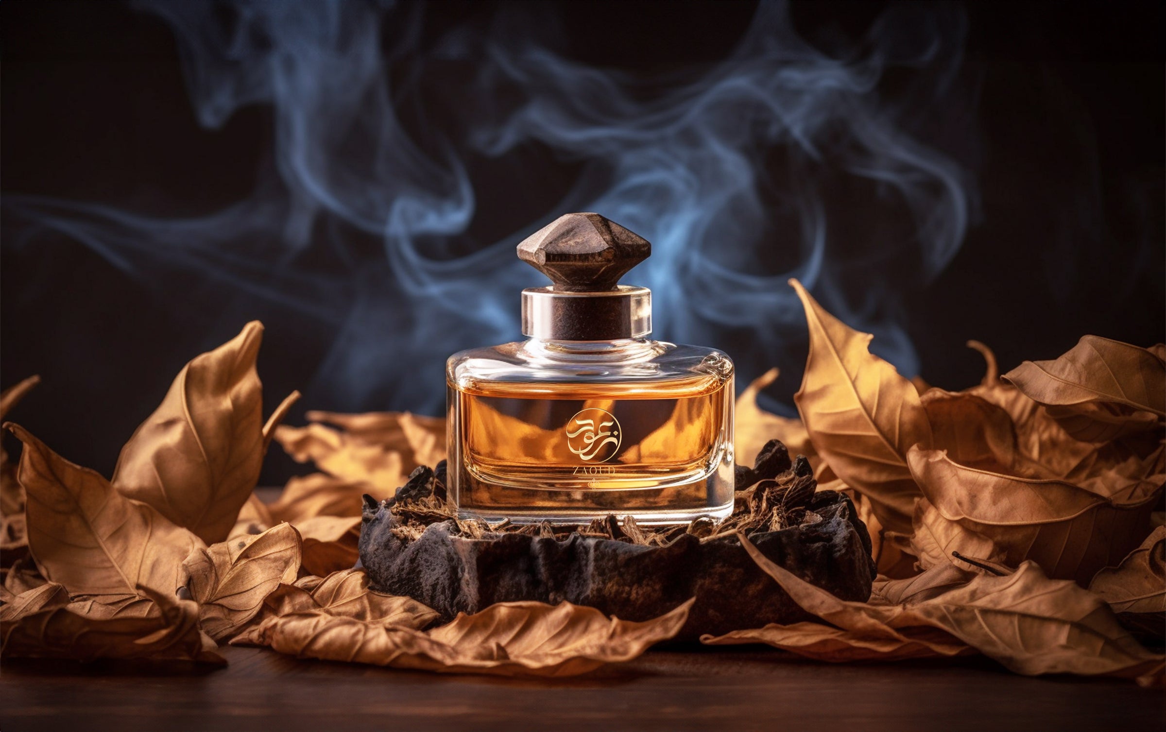 tobbaco perfume bottle surrounding by dry smoky tobacco leafs.
