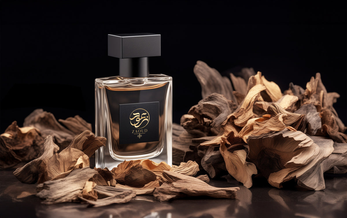 woody perfume bottle surrounded by cambodian agarwood with dark background.